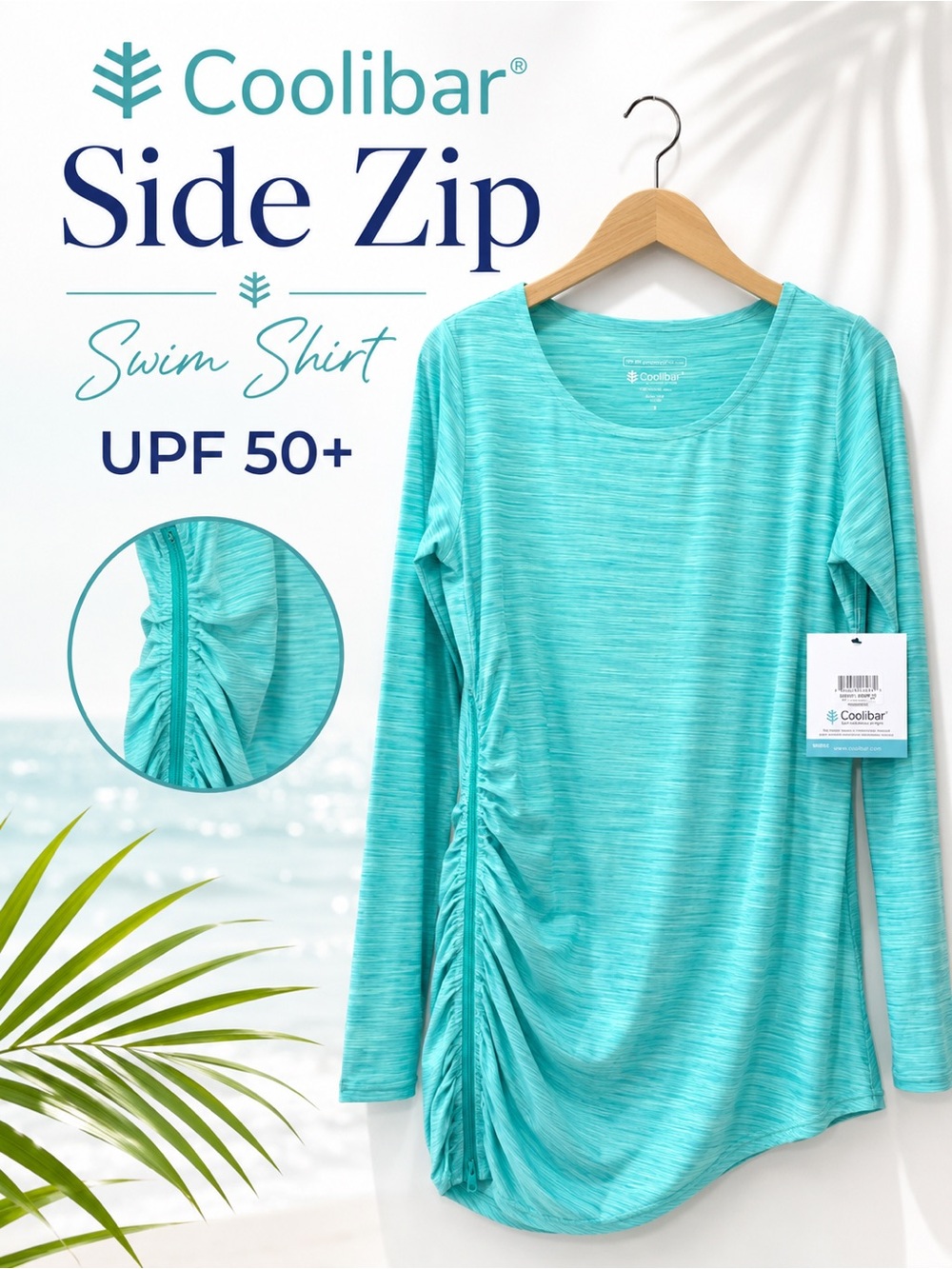 Coolibar Long-Sleeve Side-Ruched Swim Shirt in Aqua